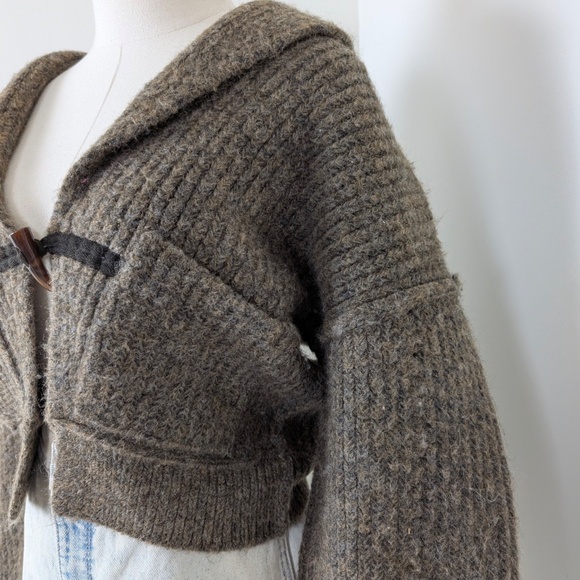 Tribal Knit Cardigan Cropped Long Balloon Sleeve Single Button Closure Collar - Picture 5 of 12